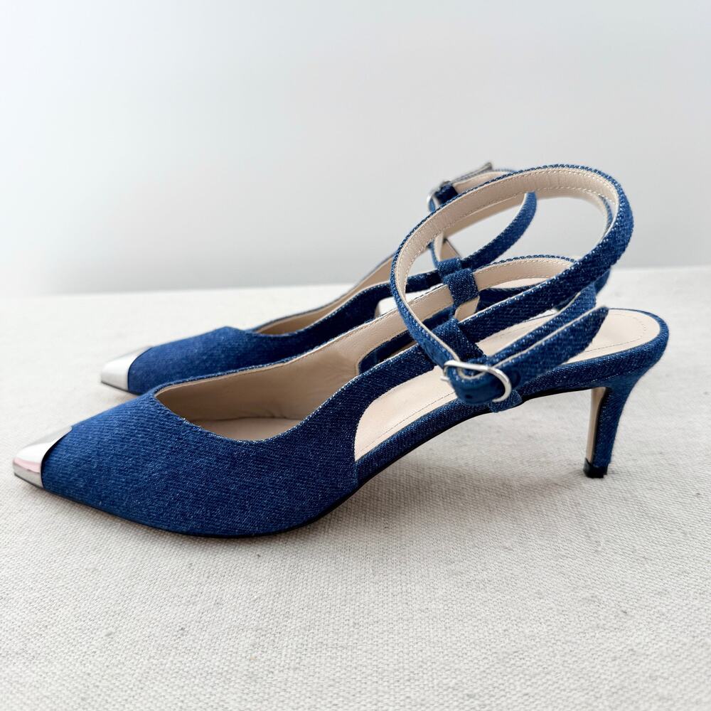 NWOT IRO Paris Denim Cap Toe Mid-Heel Slingback Sandals Blue Silver Womens EU 37